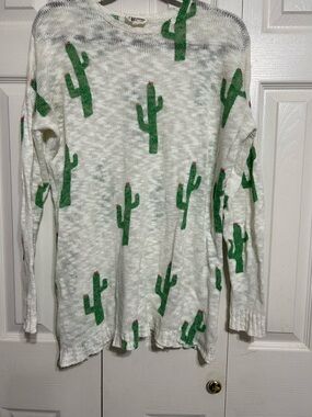 Varsity Cactus Crew Sweater - White with Green Accents
